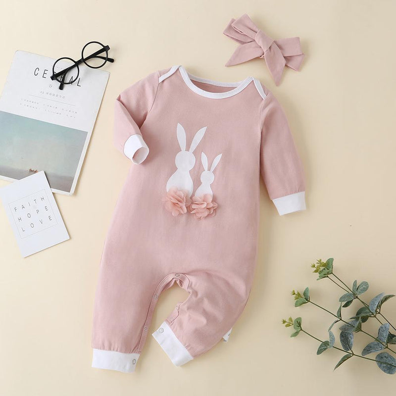 Baby Girls Rabbit Printed Long Sleeve Sweet Romper & Headband - PrettyKid