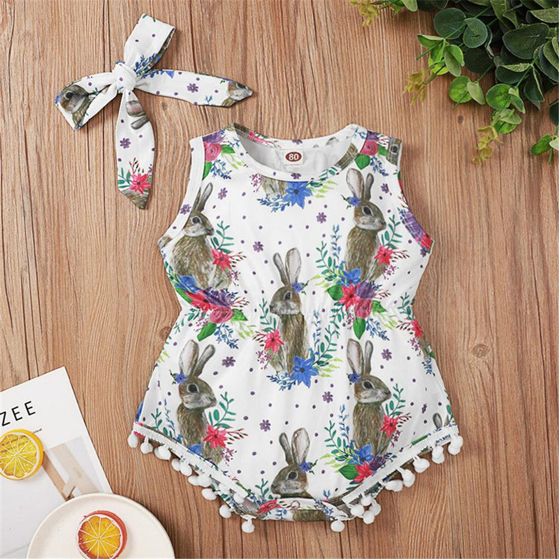 Baby Girls Rabbit Sleeveless Romper & Headband Wholesale Baby Clothes In Bulk - PrettyKid