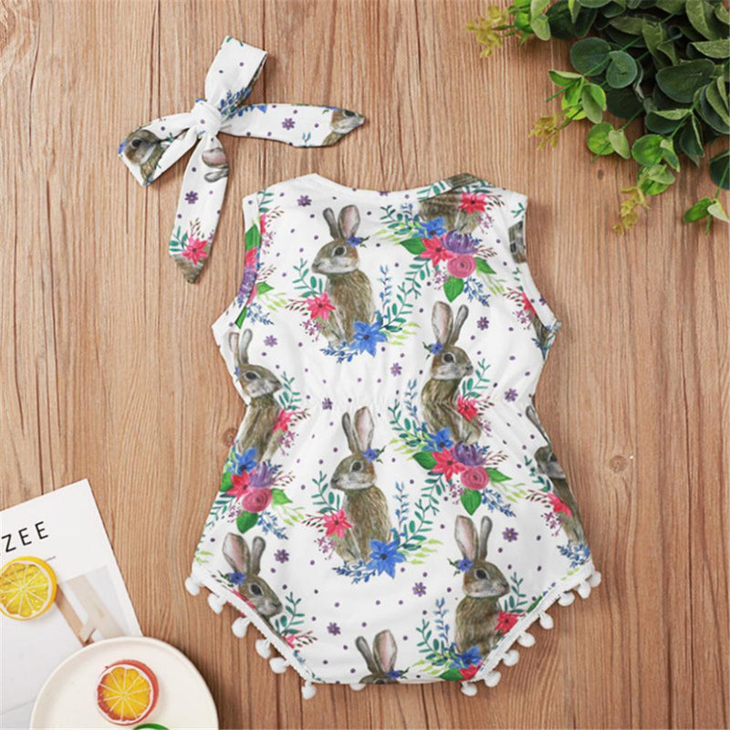 Baby Girls Rabbit Sleeveless Romper & Headband Wholesale Baby Clothes In Bulk - PrettyKid