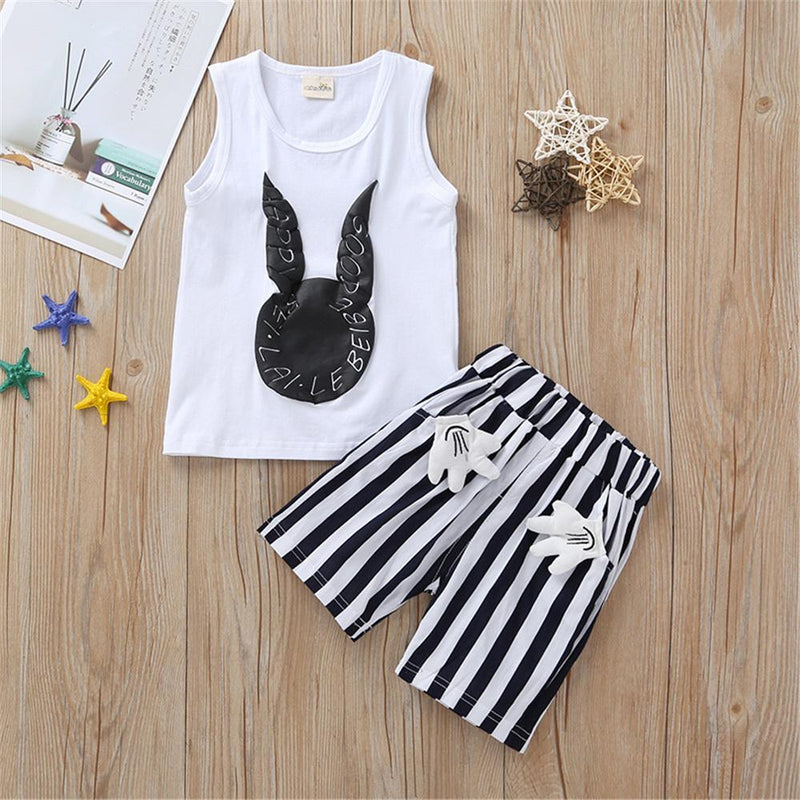 Baby Unisex Rabbit Sleeveless Top & Striped Shorts Baby Boutique Wholesale - PrettyKid