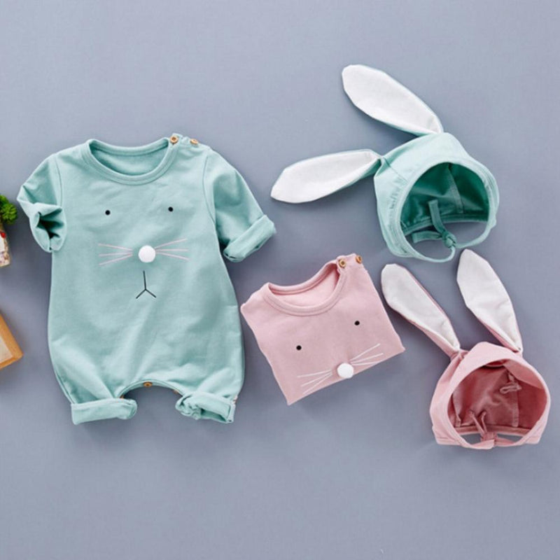 Baby Unisex Rabbit Solid Long Sleeve Romper & Hat - PrettyKid