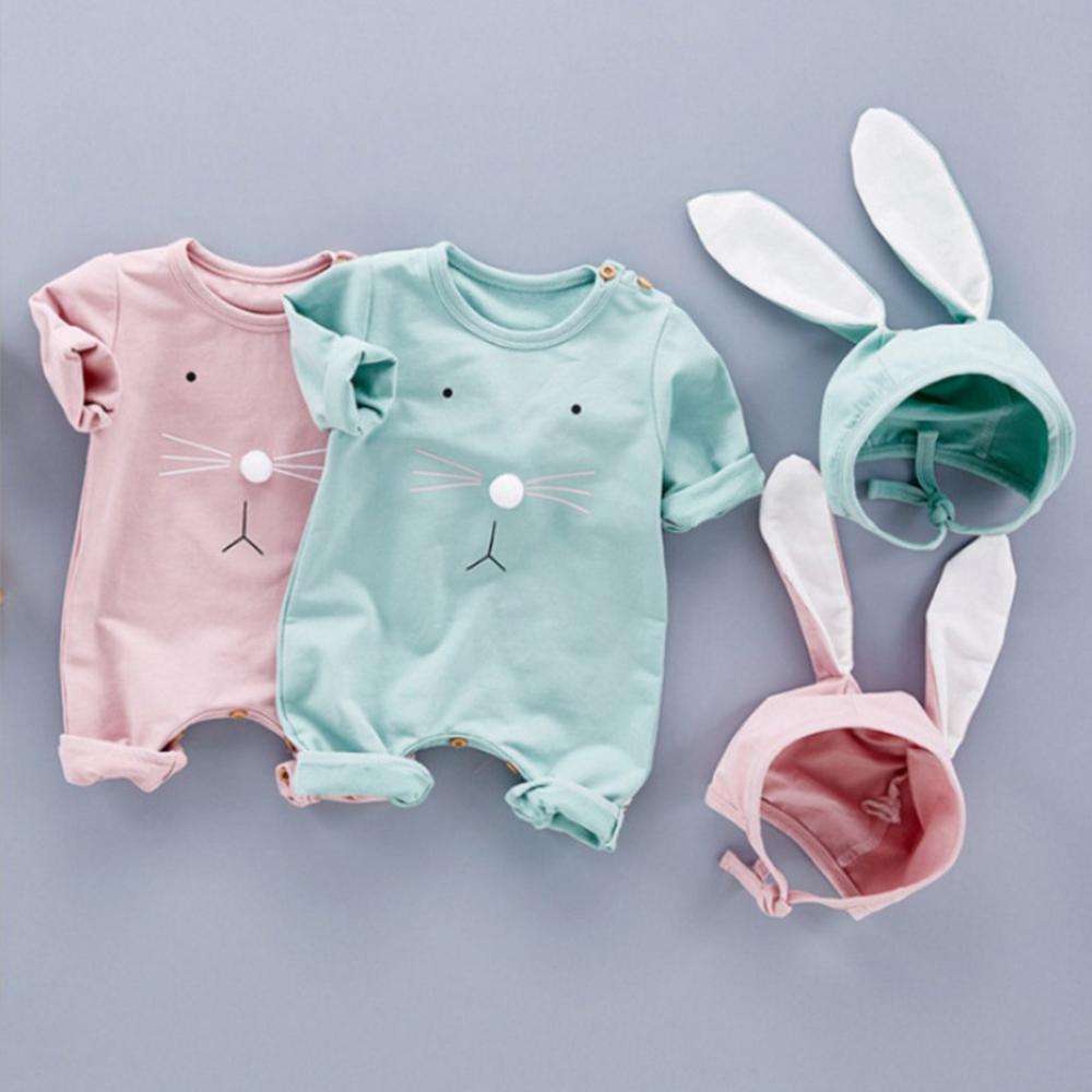 Baby Unisex Rabbit Solid Long Sleeve Romper & Hat - PrettyKid