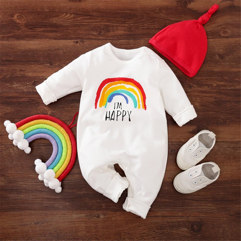 Baby Rainbow Letter Long-Sleeve Rompers & Hat - PrettyKid