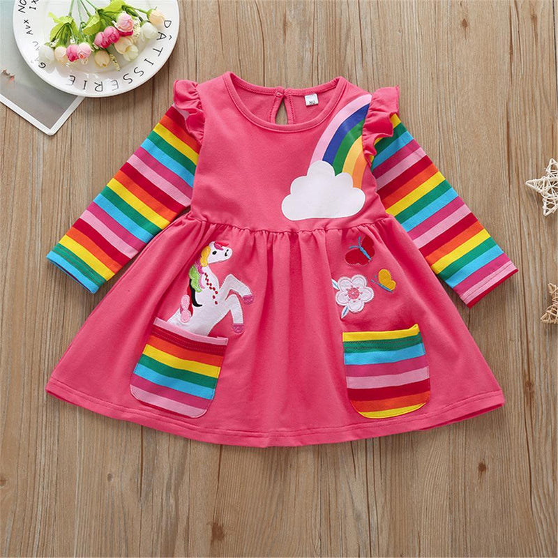 Girls Girls Rainbow Long Sleeve Dress Girl Rainbow Dress Wholesale - PrettyKid