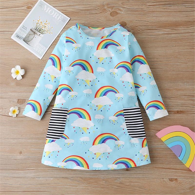 Toddler Girls Rainbow Long Sleeve Girls Wholesale Dresses - PrettyKid