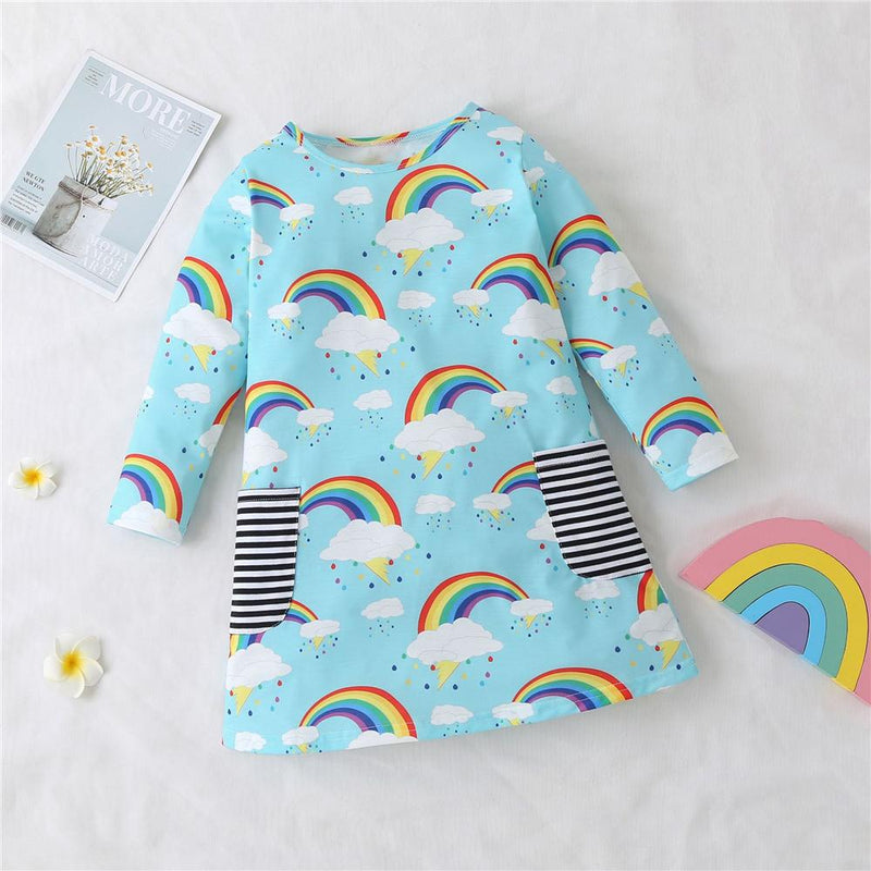 Toddler Girls Rainbow Long Sleeve Girls Wholesale Dresses - PrettyKid