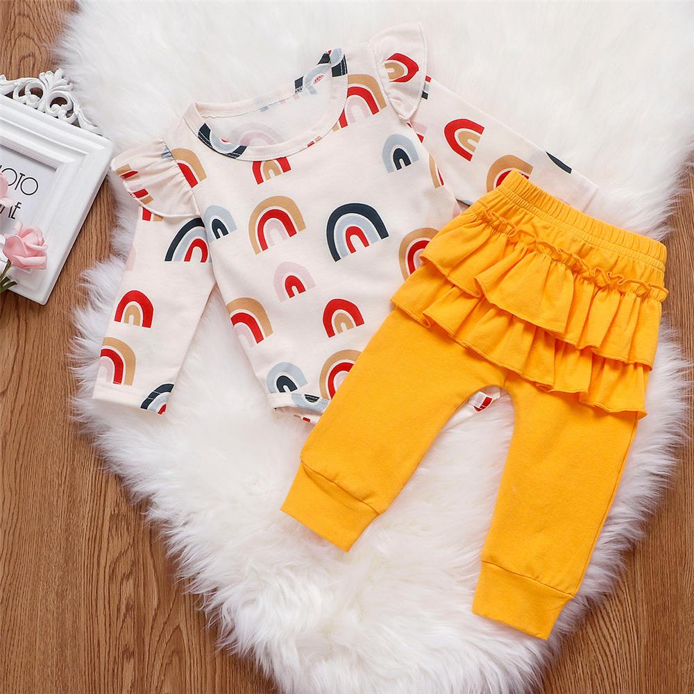 Baby Girls Rainbow Long Sleeve Romper & Ruffle Pants Baby Wholesales - PrettyKid