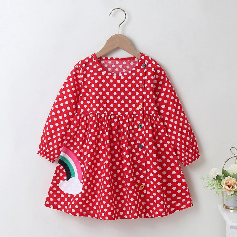 Girls Rainbow Polka Dot Button Long Sleeve Dress Girl Rainbow Dress - PrettyKid