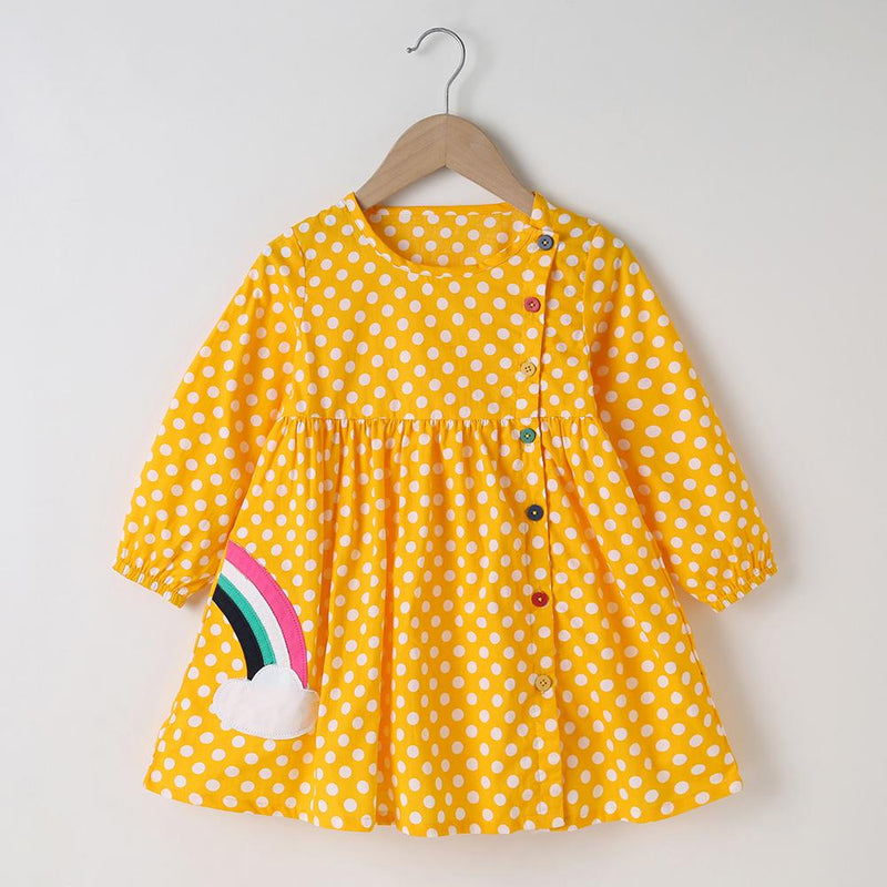 Girls Rainbow Polka Dot Button Long Sleeve Dress Girl Rainbow Dress - PrettyKid