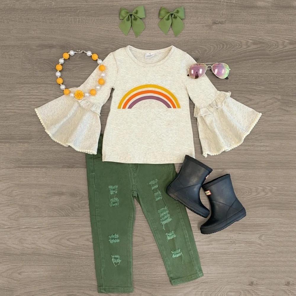 Girls Rainbow Print Long Sleeve Top & Ripped Jeans Toddler Girls Wholesale - PrettyKid