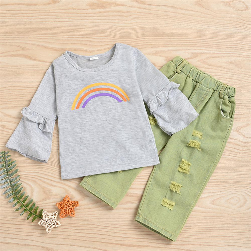 Girls Rainbow Print Long Sleeve Top & Ripped Jeans Toddler Girls Wholesale - PrettyKid