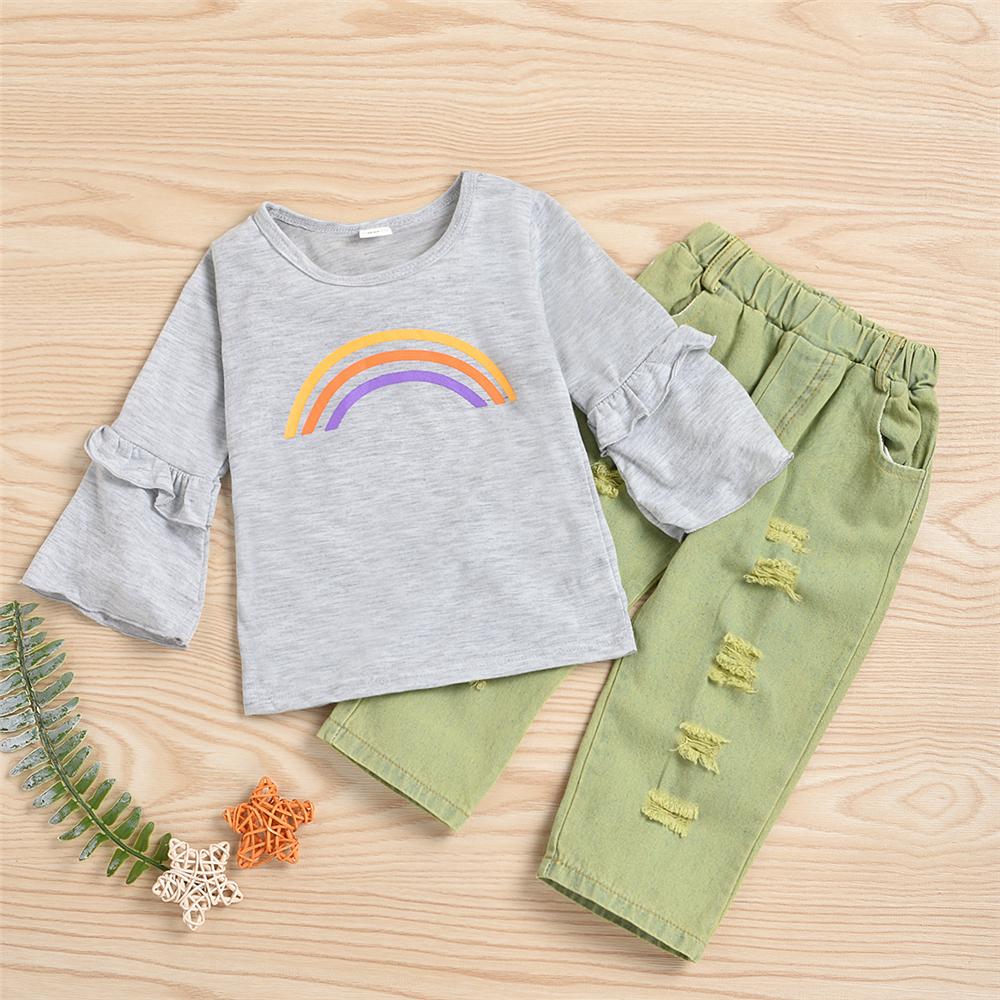 Girls Rainbow Print Long Sleeve Top & Ripped Jeans Toddler Girls Wholesale - PrettyKid