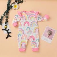 Baby Rainbow Print Ruffled Long-sleeve Rompers - PrettyKid