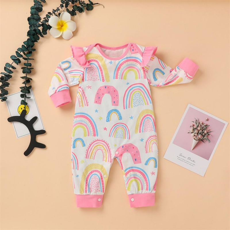 Baby Rainbow Print Ruffled Long-sleeve Rompers - PrettyKid