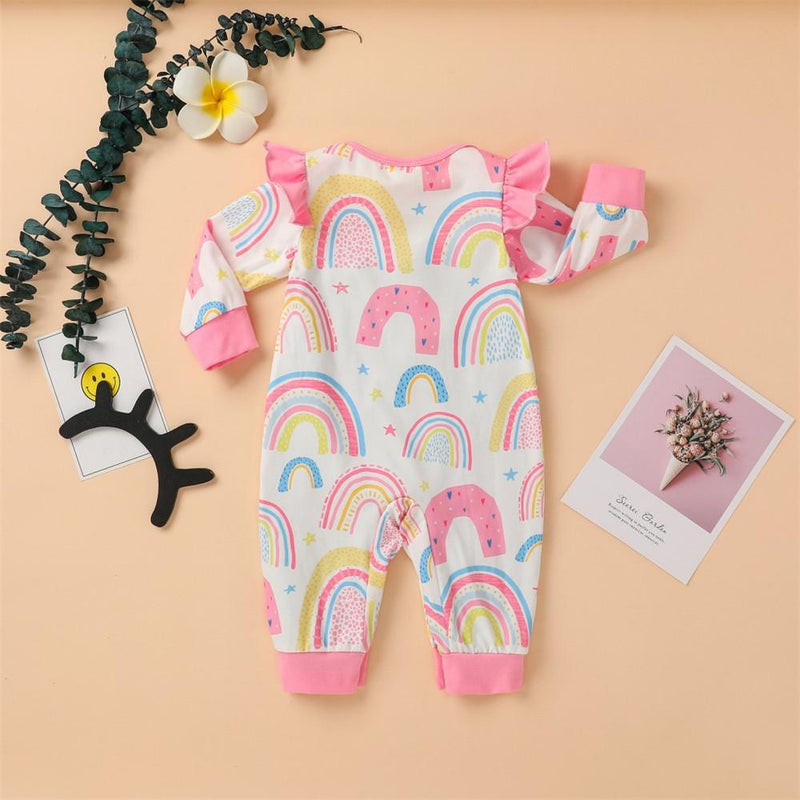 Baby Rainbow Print Ruffled Long-sleeve Rompers - PrettyKid