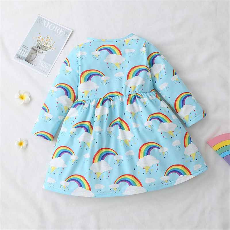 Toddler Girls Rainbow Printed Long Sleeve Girls Wholesale Dresses - PrettyKid