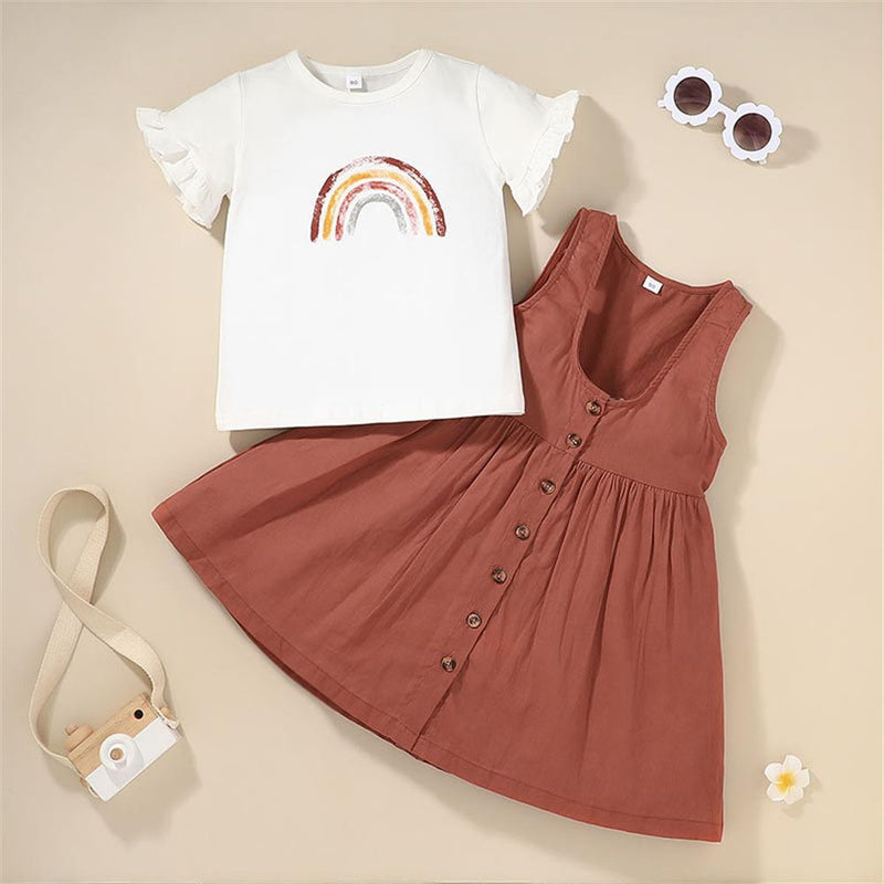 Toddler Girls Rainbow Short Sleeve Top & Suspender Dresses little girl wholesale boutique clothing - PrettyKid