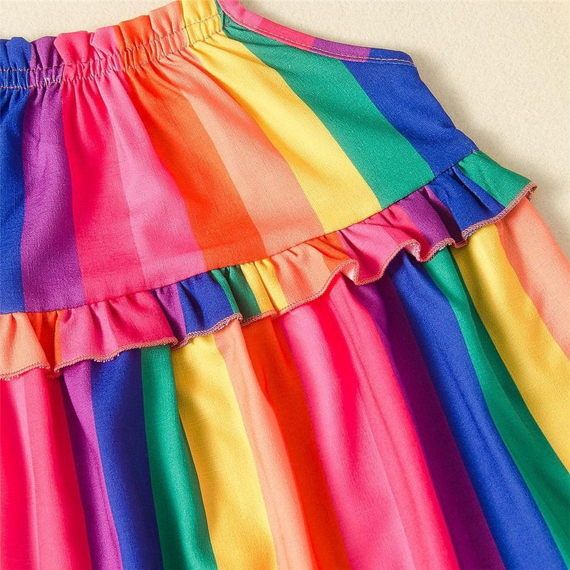 Girls Rainbow Striped Printed Sleeveless Dress Kids Wear Wholesale - PrettyKid