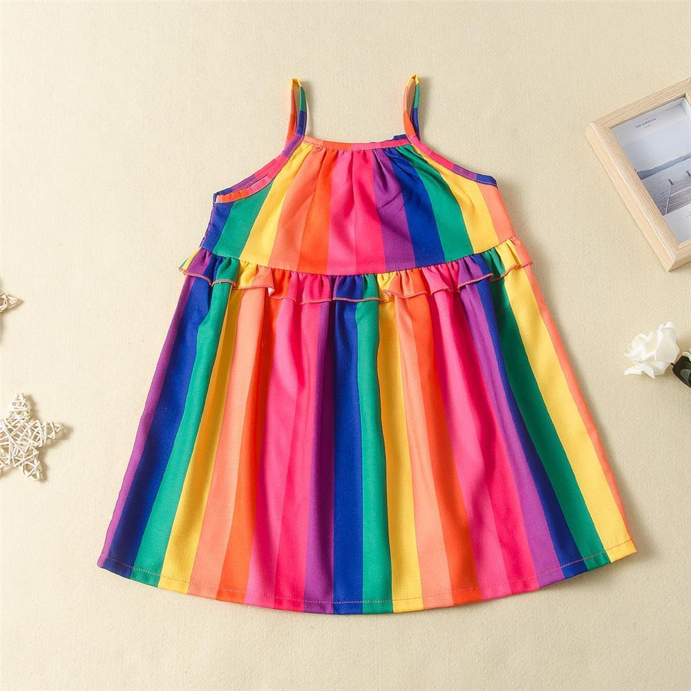 Girls Rainbow Striped Printed Sleeveless Dress Kids Wear Wholesale - PrettyKid