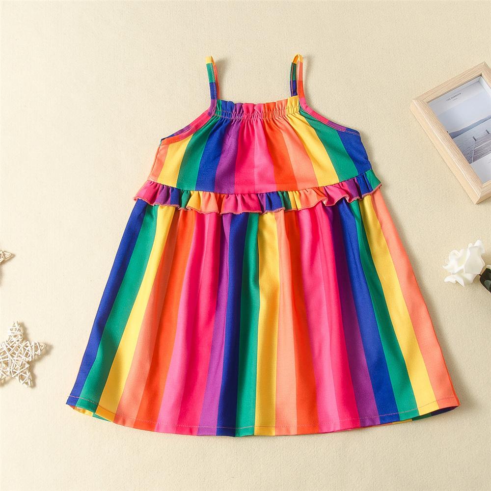 Girls Rainbow Striped Printed Sleeveless Dress Kids Wear Wholesale - PrettyKid