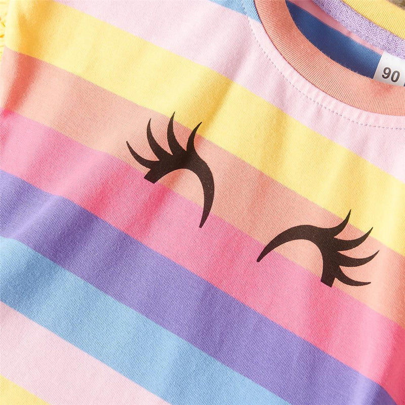 Girls Rainbow Striped Short Sleeve Cartoon Top Wholesale Girls Clothing - PrettyKid