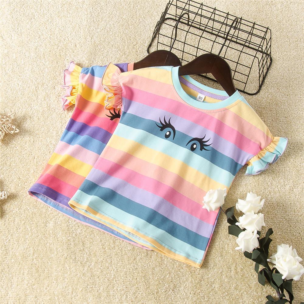 Girls Rainbow Striped Short Sleeve Cartoon Top Wholesale Girls Clothing - PrettyKid