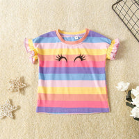 Girls Rainbow Striped Short Sleeve Cartoon Top Wholesale Girls Clothing - PrettyKid