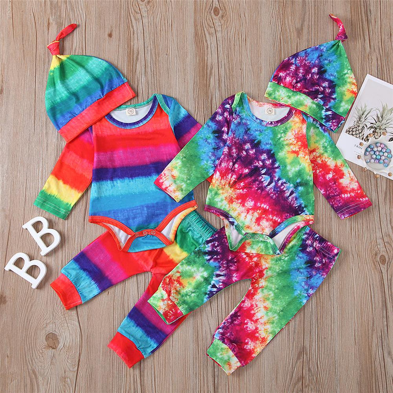 Baby Rainbow Striped Tie Dye Long-Sleeve Romper & Pants & Hat Baby Wholesale - PrettyKid