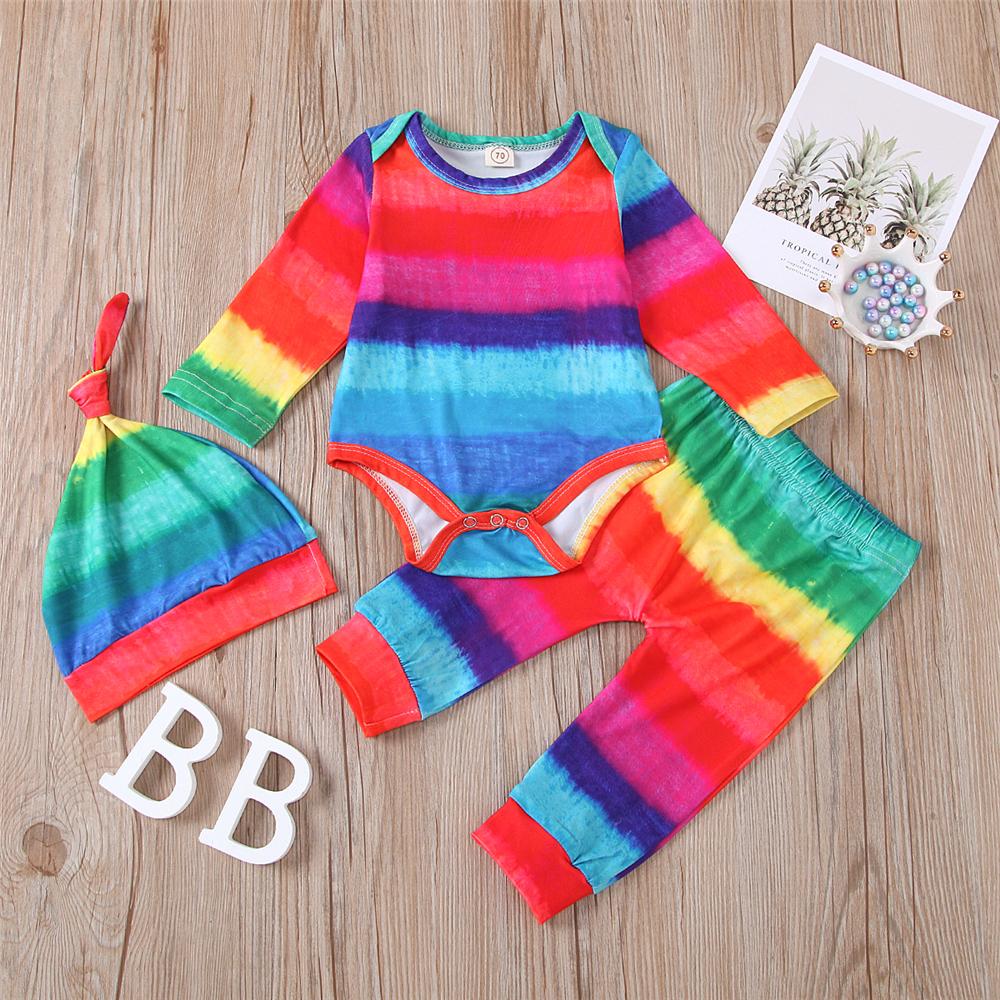 Baby Rainbow Striped Tie Dye Long-Sleeve Romper & Pants & Hat Baby Wholesale - PrettyKid