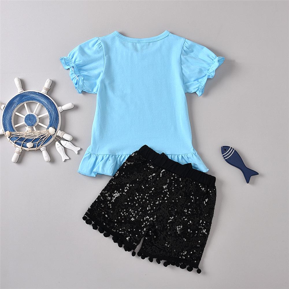 Girls Red-crowned Crane Letter Printed Short Sleeve Top & Bow Sequin Shorts Girl Wholesale - PrettyKid