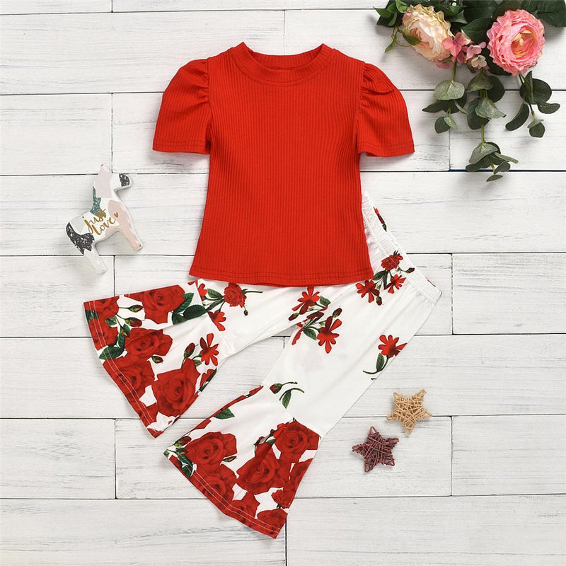 Girls Red Short Sleeve Solid Top & Floral Bell Pants Girl Wholesale - PrettyKid