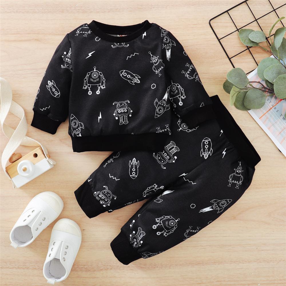 Baby Boys Robot Printed Long Sleeve Top & Pants Baby Wholesale Clothing - PrettyKid