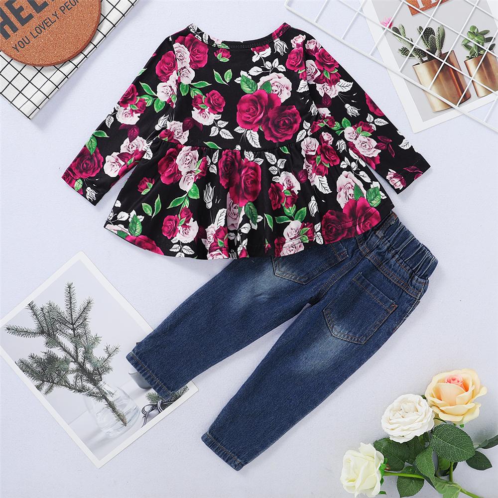 Baby Girls Rose Floral Printed Long Sleeve Top & Ripped Jeans Wholesale Baby Boutique Items - PrettyKid