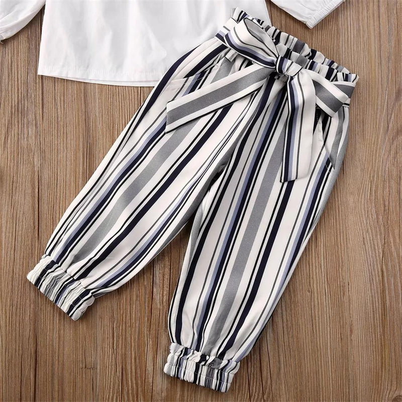 Girls Ruffed Bow Decor Long Sleeve Top & Striped Pants - PrettyKid