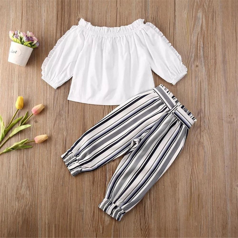 Girls Ruffed Bow Decor Long Sleeve Top & Striped Pants - PrettyKid