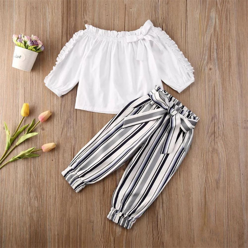 Girls Ruffed Bow Decor Long Sleeve Top & Striped Pants - PrettyKid