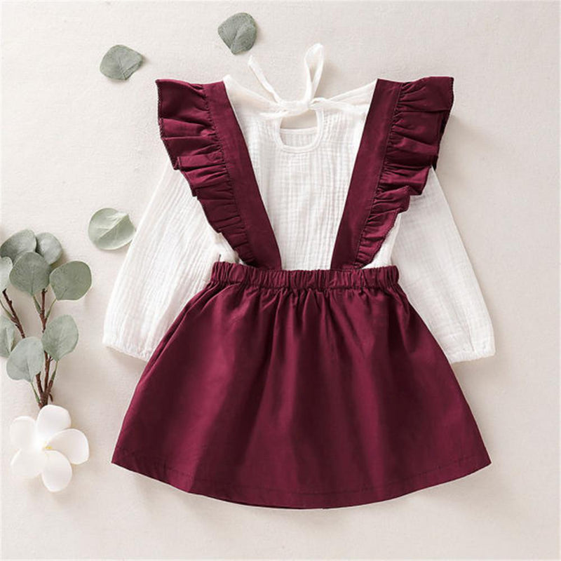 Girls Ruffle Button Solid Long Sleeve Top & Skirt - PrettyKid