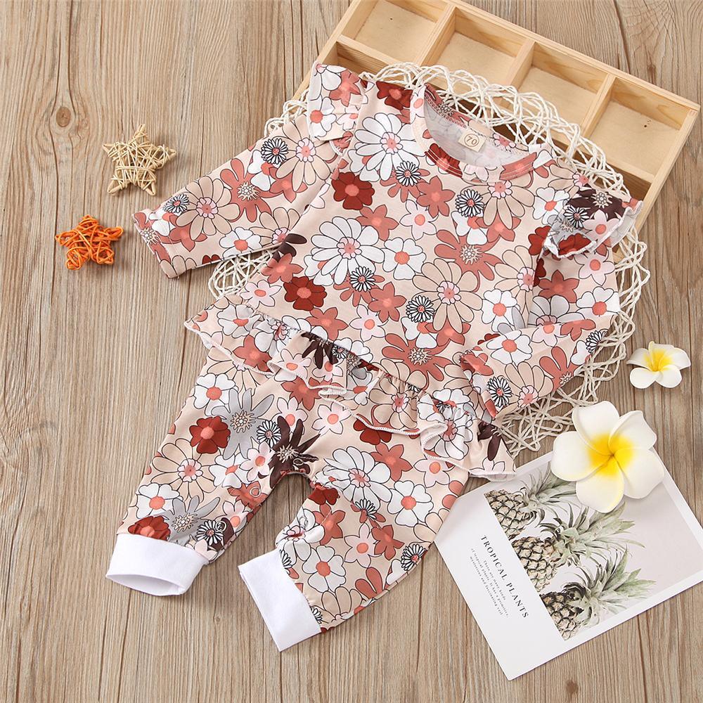 Baby Girls Ruffle Floral Long Sleeve Romper Wholesale Baby Clothes - PrettyKid