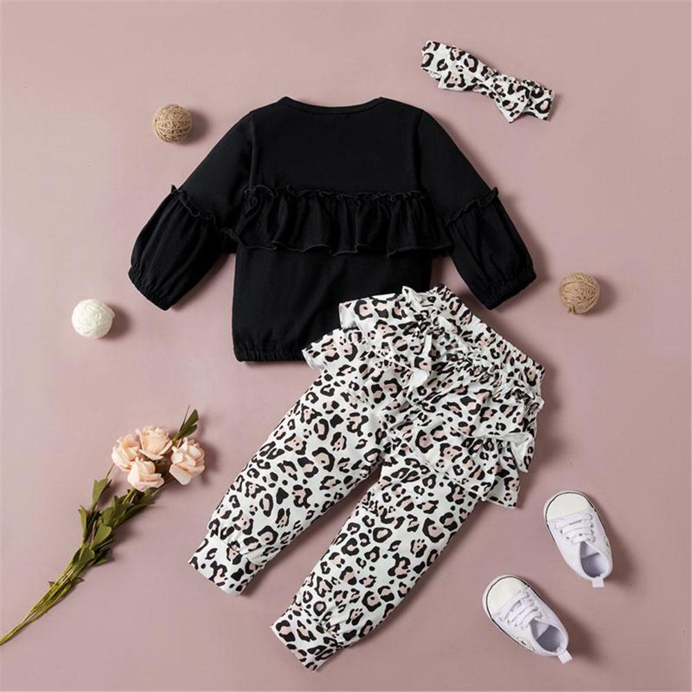 Girls Ruffle Long-sleeve Solid Tops & Leopard Pattern Pants & Headband - PrettyKid
