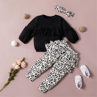 Girls Ruffle Long-sleeve Solid Tops & Leopard Pattern Pants & Headband - PrettyKid