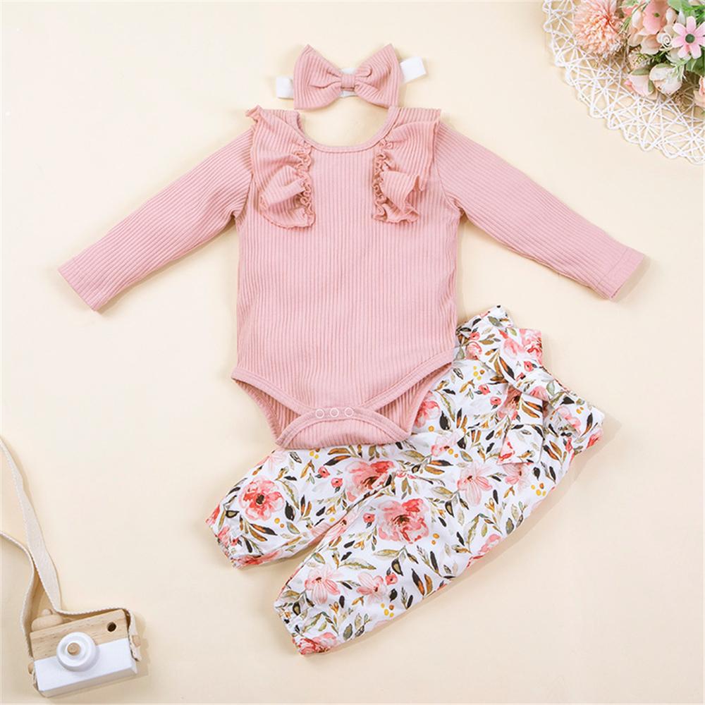 Baby Girls Ruffle Long Sleeve Romper & Floral Pants Baby Outfits - PrettyKid