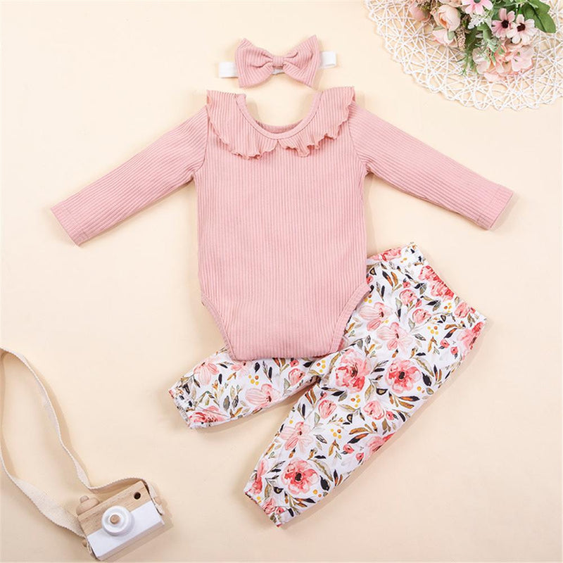 Baby Girls Ruffle Long Sleeve Romper & Floral Pants Baby Outfits - PrettyKid