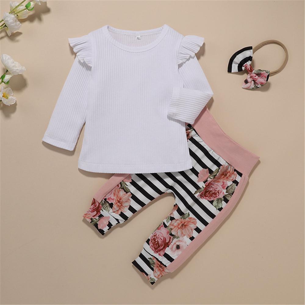 Baby Girl Ruffle Long Sleeve Top & Floral Stripe Pants & Headband Wholesale - PrettyKid