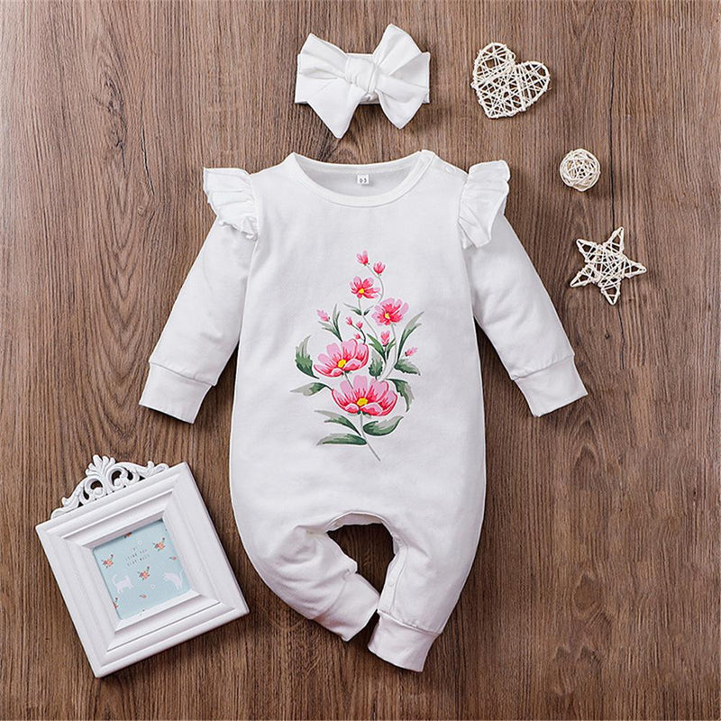 Baby Girls Ruffle Printed Flower Long Sleeve Romper & Headband Bulk Baby Clothes Online - PrettyKid