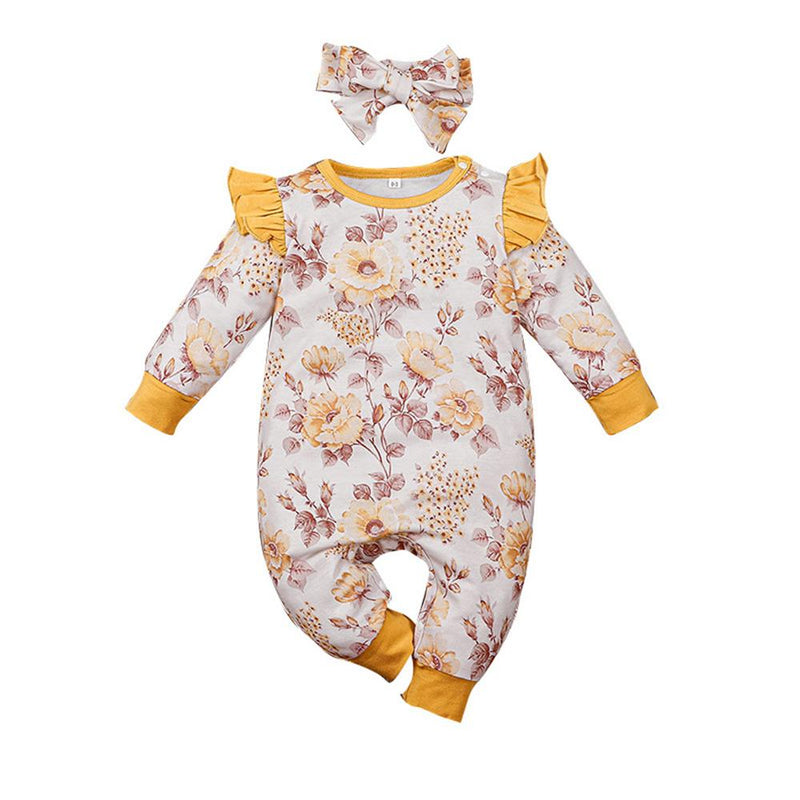 Baby Girls Ruffle Printed Flower Long Sleeve Romper & Headband Bulk Baby Clothes Online - PrettyKid
