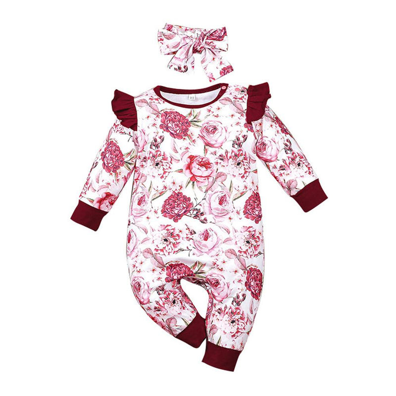 Baby Girls Ruffle Printed Flower Long Sleeve Romper & Headband Bulk Baby Clothes Online - PrettyKid
