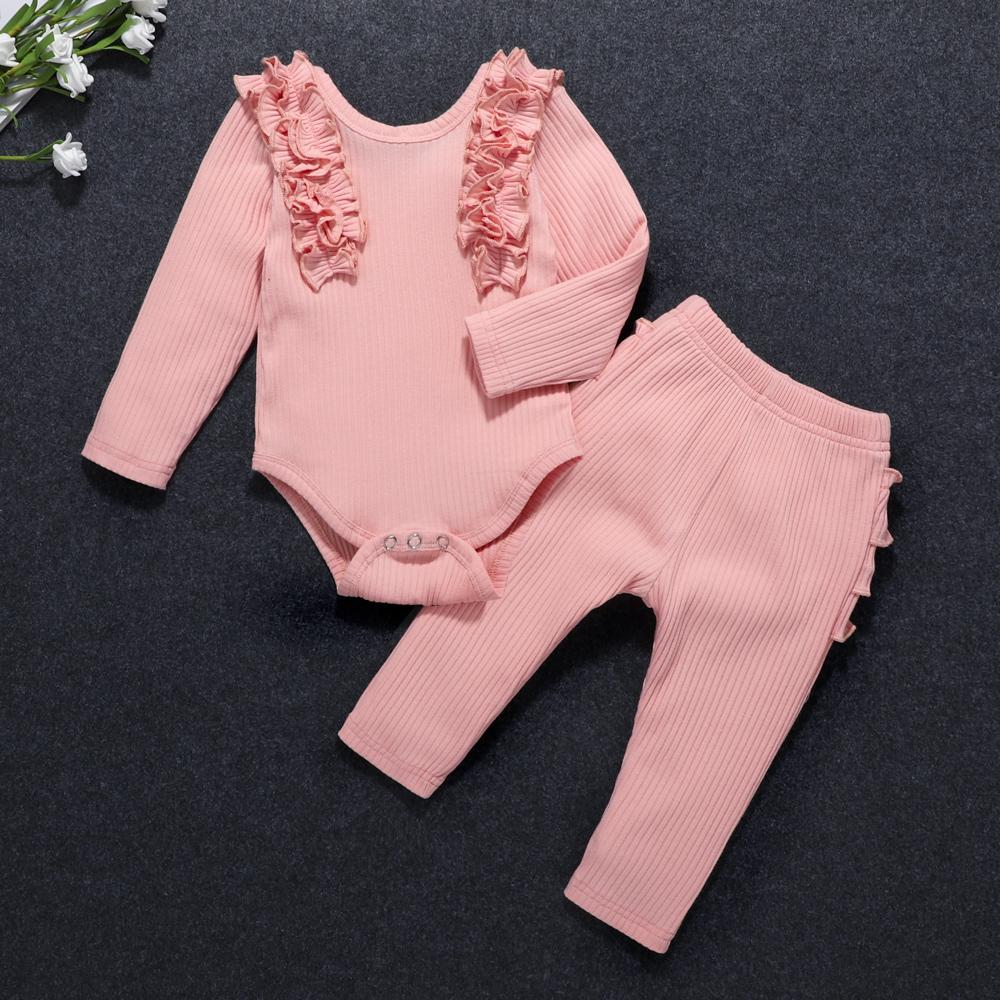 Baby Girls Ruffle Solid Long Sleeve Romper & Pants Baby Outfits - PrettyKid