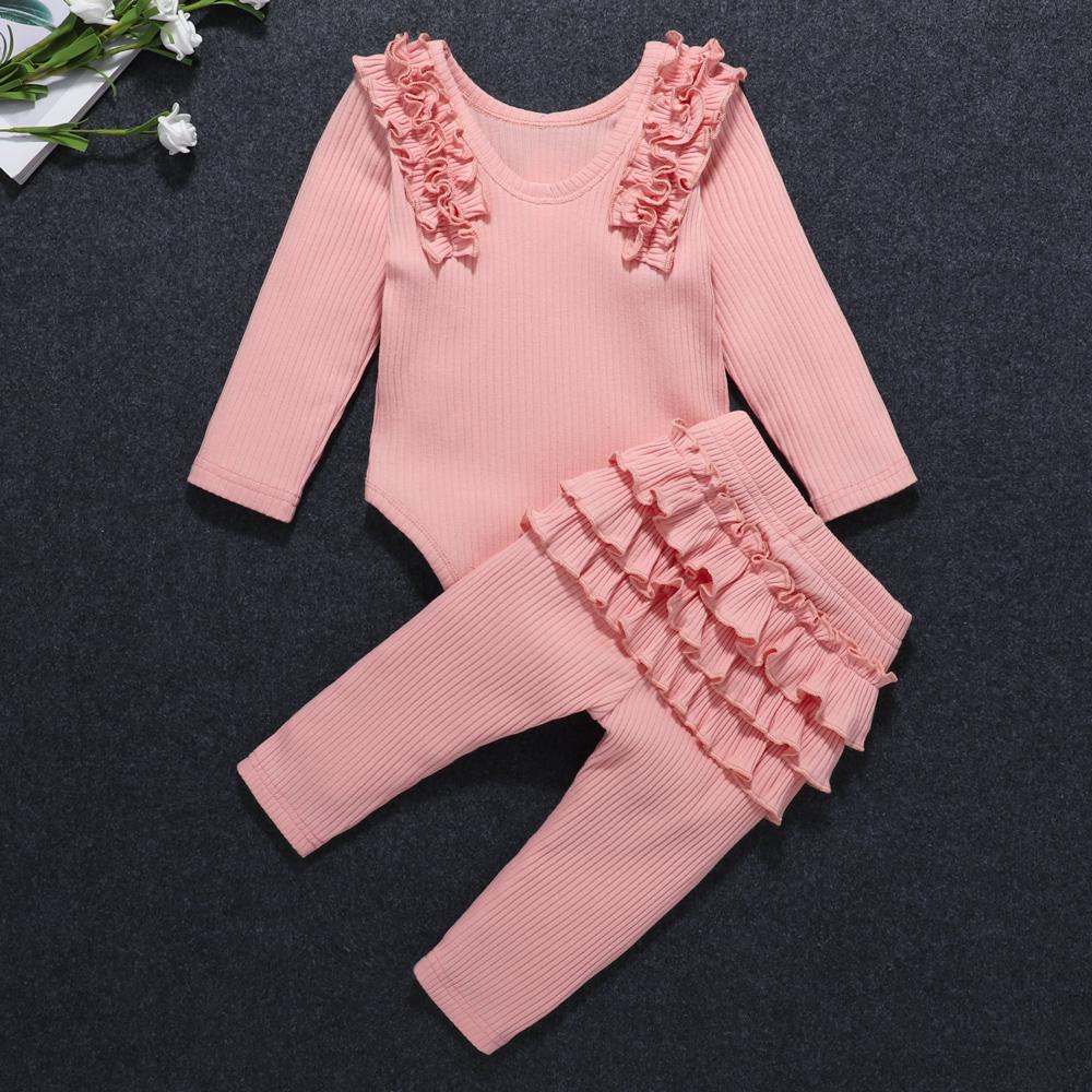 Baby Girls Ruffle Solid Long Sleeve Romper & Pants Baby Outfits - PrettyKid