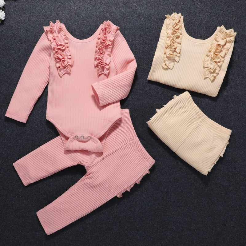 Baby Girls Ruffle Solid Long Sleeve Romper & Pants Baby Outfits - PrettyKid