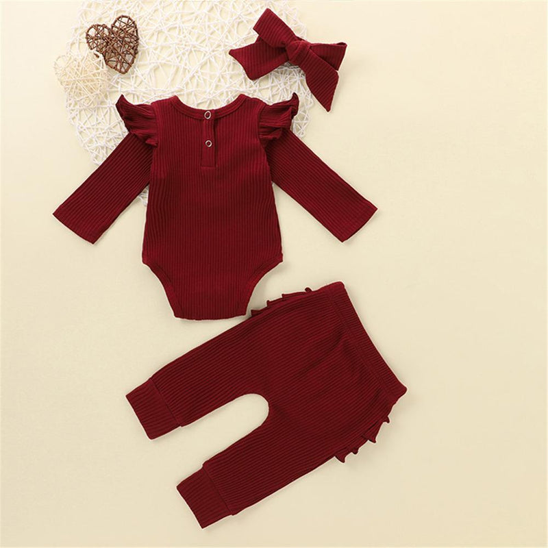 Baby Girls Ruffle Solid Long Sleeve Romper & Pants & Headband Baby Wholesale - PrettyKid